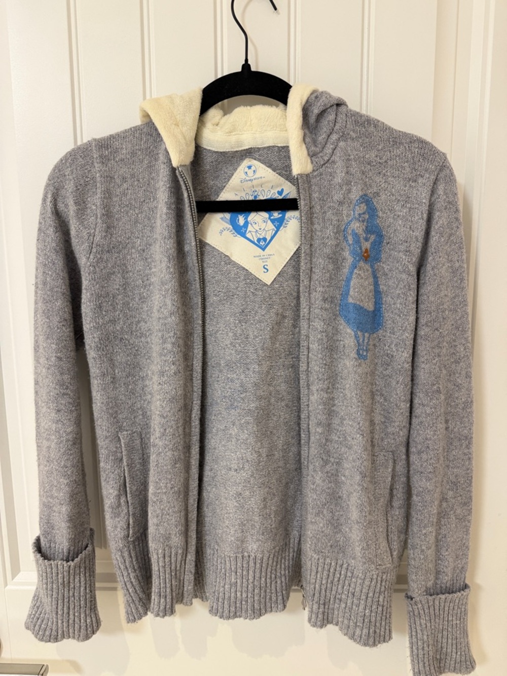 Disney Gray Zip Hoodie with Blue Alice Graphic and Cream Lining